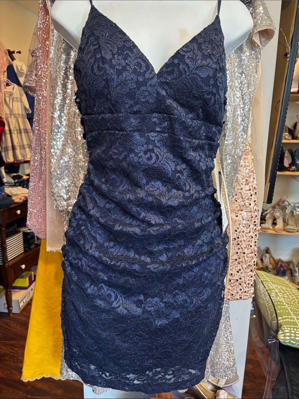 Emerald Sundae Navy Lace V-Neck Ruched Mini Dress
